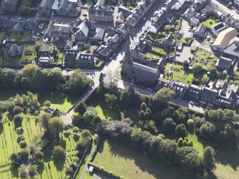 General oblique aerial view of Panmure Street area of Brechin, centred on West and St. Columba's Parish Church, taken from the NNE.