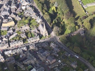 General oblique aerial view of Panmure Street area of Brechin, centred on West and St. Columba's Parish Church, taken from the S.