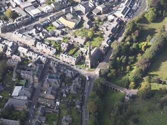 General oblique aerial view of Panmure Street area of Brechin, centred on West and St. Columba's Parish Church, taken from the SE.