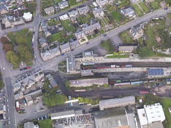 General oblique aerial view of Brechin Railway Terminus, centred the ticket office, taken from the S.