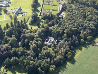 General oblique aerial view of Strathcathro House estate, centred on  Strathcathro House stables, taken from the NE.
