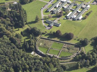 General oblique aerial view of Strathcathro House estate, centred on  Strathcathro House walled garden, taken from the NW.