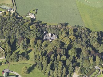 General oblique aerial view of Strathcathro House estate, centred on Strathcathro House stables, taken from the SE.