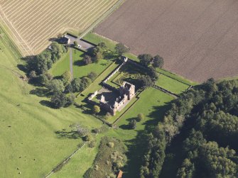 General oblique aerial view of Edzell Castle estate, centred  on Edzell Castle, taken from the NW.