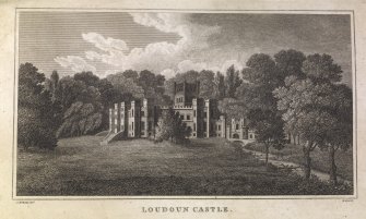Engraving of Loudoun Castle from lawns.
Titled 'Loudon Castle. J. McKinlay Delt. R. Scott Sc.'