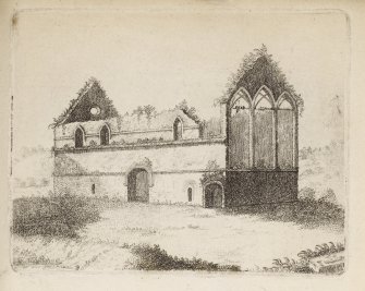 Manuel Priory, engraving of a view  from the SE.
Titled 'Manuel Priory, Plate II. This View, taken nearly fifty years ago, exhibits the state of the building as it stood at that time; at the east corner was a vault wherein was the tombstone of Alice, Prioress before mentioned, in which was her figure, with a distaff, and a dog at her feet. At the reformation this Priory was given to a predecessor of the Earls of Linlithgow, in which family it remained for a considerable time. In 1562, when the list of ecclesiastical revenues was made, those of Emanuel amounted to 52:14:8 scots, 3 chaldres bear, 7 chaldres meal, with a large quantity of salmon. The situation is beautifully romantic - a fine winding river, surrounded with hills covered with wood. On the opposite side of the river lies the field of battle fought betwixt the Earl of Lennox and the Earl of Angus, during the minority of James V. in which Earl Lennox was defeated and slain. This View is from the S. E.  Taken 1739.' [Adam de Cardonnell, "Picturesque Antiquities of Scotland." 1788.]