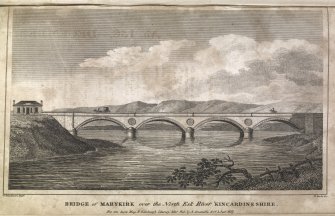 Marykirk Bridge, engraving showing general view.
Titled 'Bridge of Marykirk over the North Esk River, Kincardineshire. for the Scots Mag. & Edinr. Literary. Misy. Pub. by A. Constable & Co. 1 June 1817. J. Steedman delt. R. Scott Sc.'