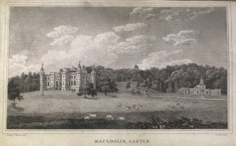 Mauldslie Castle, engraving showing grounds & stable block from the lawns.
Titled 'Mudslie Castle, Colonel Gibson delt. R. Scott sculpt.'