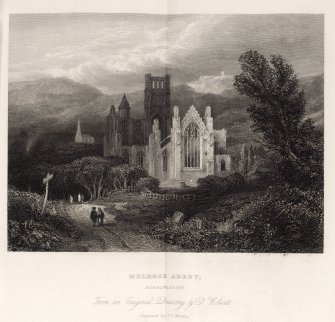 Melrose Abbey engraving showing the abbey in a wooded setting, from the east, with figures.
Titled 'Melrose Abbey, Roxburghshire, from an original drawing by D. Roberts, engraved by J.C. Bentley. London, Simpkin & Marshall Stationers Coourt & T.W.Stevens, 10 Derby Street, King's Cross.'
