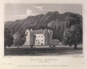 Castle Menzies engraving showing general view with woods behind.
Titled 'Castle Menzies, Perthshire, London, pub. August 1, 1825 by J.P. Neale, 16 Bennett Street, Blackfriars Road & Sherwood & Jones & Co., Paternoster Row. Printed by J &G Bishop. Drawn by J.P.Neale, Engraved by T. Jeavons.'