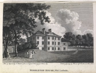  Middleton Hall, engraving showing view from lawn.
Titled 'Middleton House, Mid Lothain, Plate 59. Engraved by T. Medland from an original drawing by J. Meheux, Esq. Published July 1st 1794 by Harrison & Co. No.18, Paternoster Row, London.'