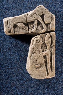 View of fragment (Drainie 8) showing warrior with spear with fragment (Drainie 3) showing horse