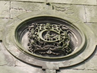 View of R & R Clark Ltd, Printing Works medallion, in central gable of 20 Brandon Street.