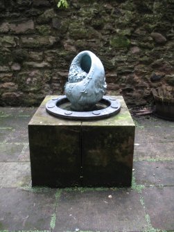 View of sculpture / fountain in Tweeddale Court.