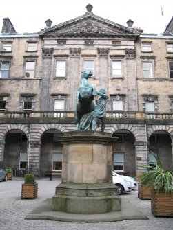 View from S of statue of 'Alexander and Bucephalus', in courtyard of Edinburgh City Chambers.