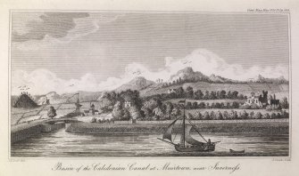 Engraving of Muirtown Basin with canal bridge, chapel & other buildings beyond. S.L.Duff del. J. Swaine Sculp. Gent. Mag. May 1820 Pl.1 p.393.