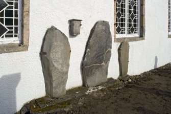 General view of the Inveravon Pictish symbol stones nos. 1, 2, 3 and 4 from SW