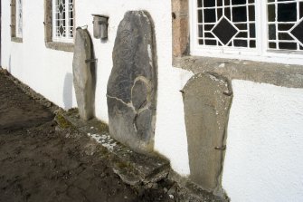 General view of the Inveravon Pictish symbol stones nos. 1, 2, 3 and 4 from SE