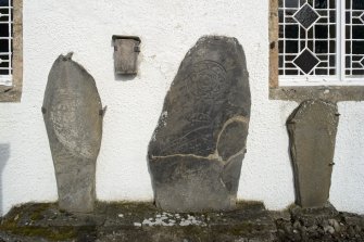 General view of Inveravon Pictish symbol stones, nos 1, 2, 3 and 4 from S
