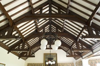 Interior. Ground floor.  Dining room.  Hammer beam ceiling from west end.