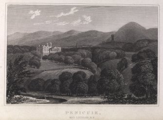 Engraving of river, cliffs and gazebo at the Hermitage. Titled 'Ossian's Hall. Drawn by W. H. Watts. Engraved by Wm. Green. Published January 1st 1800 by Cadell & Davies, Strand.'