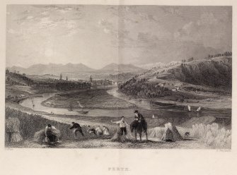 Engraving of distant view of Perth & Bridge and river approach to Perth. Titled 'Perth. T. Allom. E. Benjamin. London, Published for the Proprietors by Geo. Virtue, 26 Ivy Lane, 1837.'