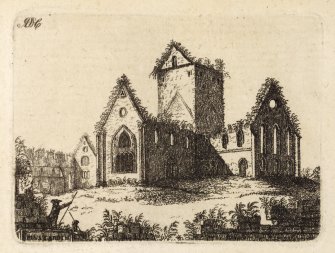 Engraving of Pluscarden Abbey. Titled 'ADC. Pluscardine. In the county of Moray, about six miles from Elgin, was a Priory, founded in the year 1230, for Monks of the order of Vallis-Caullium, by King Alexander II in honour of St. Andrew. The walls which inclosed this house are still remaining, and are nearly quadrangular. The Church is almost in the centre, built in form of a cross, having a square tower in the middle. The oratory and refectory join the south end of the church, under which was the dormitory. The Chapter-house has been of fine workmanship, of an octagonal form. The remains of the Prior's house, and of the cells, are contiguous to the Church; and the whole together merit the attention of the curious traveller. This Priory is the property of the Earl of Fife.' [Adam de Cardonnel, "Picturesque Antiquities of Scotland," 1788.]