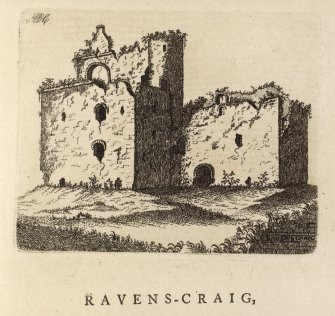 Engraving of Ravenscraig Castle. Titled 'ADC. Ravens-craig. In Aberdeenshire, situated on the water of Uggie, near Peterhead, was a Castle of great strength; the river, which is of considerable depth, washes the walls on the north side. It was likewise defended by a ditch and a draw-bridge in the front. The walls are of great thickness, in which are several small apartments, with loop holes. There is no tradition as to the time when it was built, nor by whom. It appears from an old manuscript account of the Marischal family, that Sir Edward Keith, the 15th in descent from him who flew Camus, the Danish general, at the battle of Barry, in Angus, in the reign of King David Bruce, obtained, by marriage with Lady Isabella Keith, the whole parish of Peterhead, in which this Castle lies.' [Adam de Cardonnel, "Picturesque Antiquities of Scotland," 1788.]