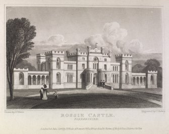 Engraving of front view of Rossie Castle. Titled 'Rossie Castle, Forfarshire. Drawn by J. P. Neale. Engraved by C. Askey. London., Published June 1 1822 by J.P.Neale, 16 Bennett St., Blackfriars Road & Sherwood, Neely & Jones, Paternoster Row.'