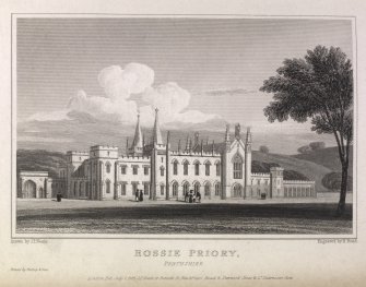 Engraving of front view of Rossie Priory. Titled 'Rossie Priory, Perthshire. Drawn by J. P. Neale. Engraved by H. Bond. London. Pub. July 1 1825 J.P.Neale, 16 Bennet St. Blackfriars Road, Sherwood Jones & Co., Paternoster Row. Printed by Bishop & Son.'