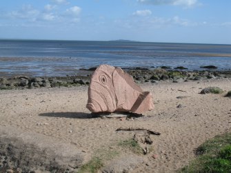 View of sculpture 'Fish', on Cramond foreshore.