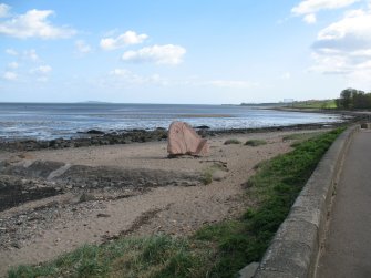 View of sculpture 'Fish', on Cramond foreshore.