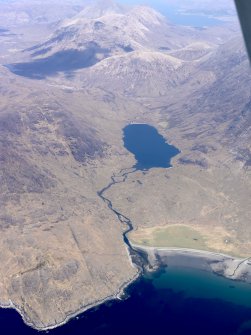 General oblique aerial view of Camas Fhionnairigh and Loch na Creitheach and the Cuillin Hills, taken from the S.