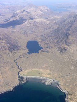 General oblique aerial view of Camas Fhionnairigh and Loch na Creitheach and the Cuillin Hills, taken from the S.