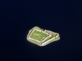 Oblique aerial view of Lochindorb Castle, taken from the SSE.