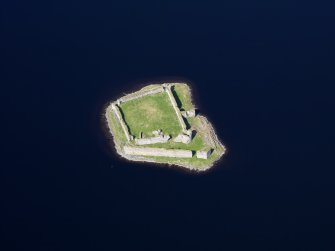 Oblique aerial view of Lochindorb Castle, taken from the SE.