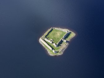 Oblique aerial view of Lochindorb Castle, taken from the ENE.