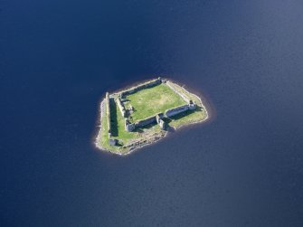 Oblique aerial view of Lochindorb Castle, taken from the NE.
