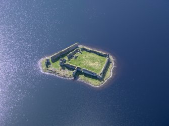 Oblique aerial view of Lochindorb Castle, taken from the N.