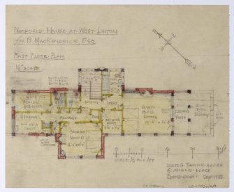 West Linton, House for B. MacKendrick Esq.
Plan of first floor.
Insc: 'Leslie G. Thomson A.R.I.B.A., 6 Ainslie Place, Edinburgh 3.'