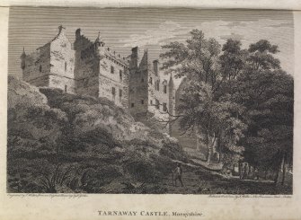 Engraving of Darnaway Castle, seen from below. Titled 'Tarnaway Castle, Morayshire. Engraved by J. Walker from an original Drawing by T. Girtin. Published Decr. 1, 1800 by J. Walker, No.16 Rosoman's Street, London.'