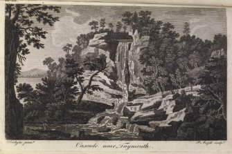 Engraving showing a waterfall. Titled 'Pl. XII, Cascade near Taymouth. Tomkyns pinxt. P Mazell sculpt.'