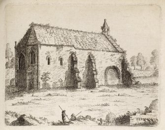 Engraving of Terregles Church from the SW. Titled 'Terreagles. This ancient church is situated about two miles from Dumfries, and belonged to the family of Heriz; the first of whom we find mentioned is William de Heriz in 1152; they were afterwards created Lords Herries of Terreagles in 1443. The title and lands came to the family of Nithsdale, by the marriage of the eldest daughter of William, 4th Lord Herries, with Sir John Maxwell, the ancestor of the Earls of Nithsdale. This estate is now the property of William Constable, Esq. by marriage with Lady Winifrid, sole heiress of the family of Nithsdale. In this building there are the remains of Norman, Saxon, Gothic and modern architecture. In the inside, at the west end, lies the tombstone of Sir Herbert Herries, with his figure rudely cut in Bas. reliev. He was one of the hostages for King James I anno 1443, and was one of the Lords who sat on the trial of Murdoch, Duke of Albany. Near this monument is preserved the remains of the Provost's chair of Lincluden, curiously cut in oak. A fine statue of Johannes de Sacro Bosco was brought and deposited here at the reformation, but now defaced and broke. This view is from the S. W. 1788.'  [Adam de Cardonnel, "Picturesque Antiquities of Scotland," 1788.]