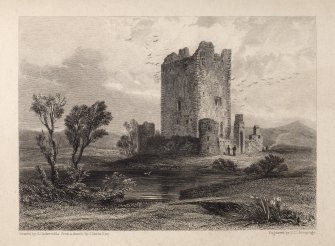 Engraving of Threave Castle, showing tower & curtain walls. Titled 'Thrieve. Drawn by G. Catermole from a sketch by J. Skene. Esq. Engraved by J. C. Armytage. Minstrelsy.' [See RAB292/286.]