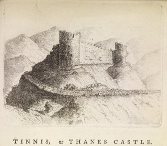 Engraving of Tinnis Castle from the NW. Titled 'Tinnis or Thanes Castle. Situated on the summit of a hill, on the north side of the burn of Pow Sail, which separates the church of Drumelzier from the grave of Merlin Caledonicus, near the head of Drumelzier haugh in Twedale, where this small rivulet falls ino Tweed. From the town of Drumelzier to the Castle a road has been cut, winding round the hill, which is very steep. This strong hold in former times belonged to the ancientThanes of Twedale, from whom it seems to have got its name. In the reign of Malcolm II. this Castle appears to have belonged to William de Tweedie, Lord Baron of Drumelzier. It is now the property of - Hay, Esq. of Drumelzier. This view is taken from the N. W. 1788.' [Adam de Cardonnel, "Picturesque Antiquities of Scotland," 1788.]