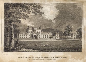 Engraving of Torrie House, south front, from the lawn. Titled 'Torie House, the seat of Sir William Erskine Bart. J. Burnet delt. R. Scott Sc. For the Scots. Mag & Edinr. Lity. Misy Pub. by A. Constable & Co. 1 June, 1811.'