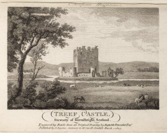 Engraving of Threave Castle showing tower & curtain walls. Titled 'Treef Castle, Stewartry of Kircudbright, Scotland. Engraved by Rawle from an original drawing by Augustin Toussaint Esq. Published by J. Asperne, successor to Mr. Sewell, Cornhill, March 1 1803.' [See RAB292/279.]