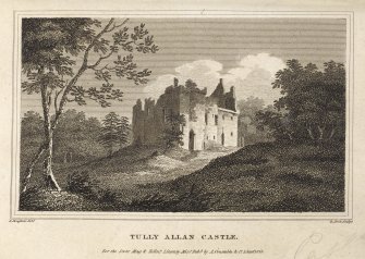 Engraving of Tulliallan Castle in its setting. Titled 'Tully Allan Castle. J. Douglass delt. R. Scott Sculpt. For the Scots Mag & Edinr. Literary Misy. published by A. Constable & Co. 1 June, 1815.'