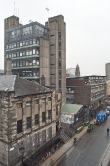 View looking east along the north side of Renfrew Street, showing the Student Union, Newbery Tower with refectory extension and Foulis Building, taken from the roof of the Bourdon Building