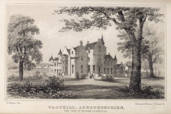 Engraving of Warthill House from the lawns, showing front & side facades.Titled 'Warthill, Aberdeenshire, The seat of William Leslie Esq. W. Walton lith. Stannard & Dixon, 7 Poland Street.'